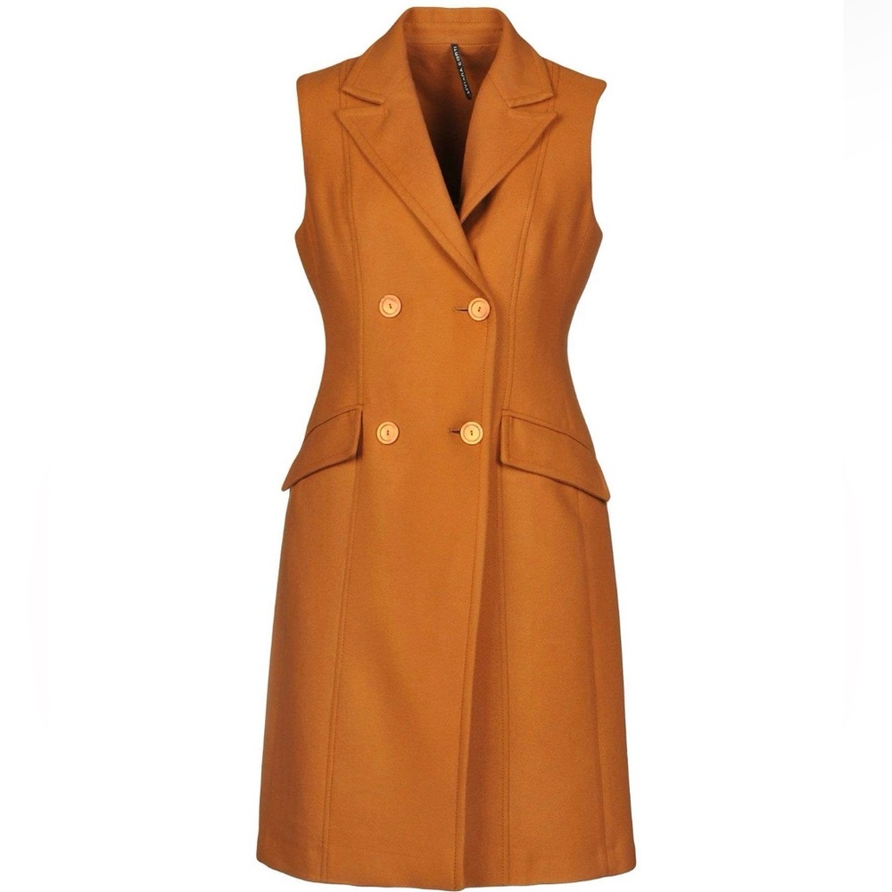 Sleeveless Double-Breasted Wool Coat Dress — Mustard with Pants